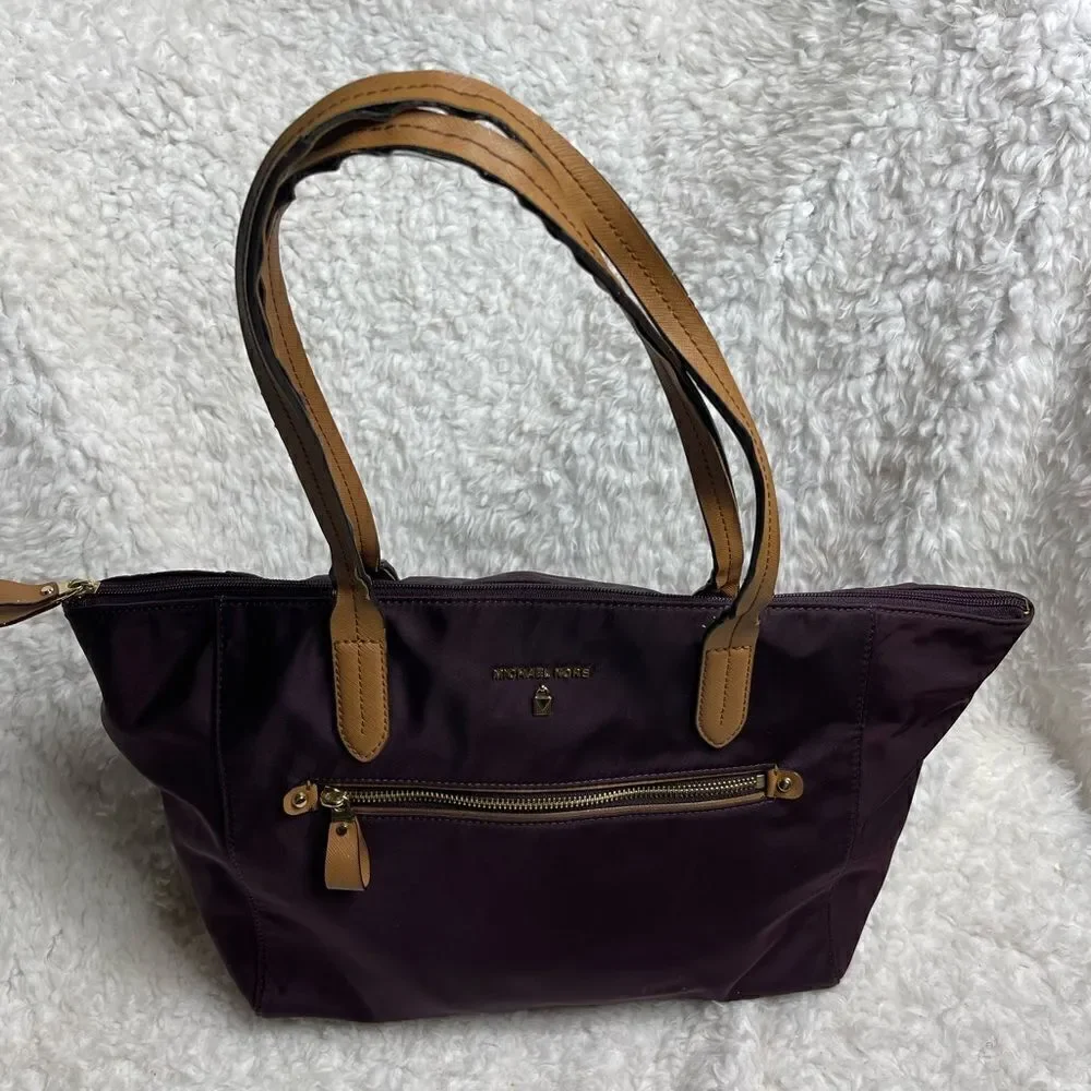 Michael Kors Nylon Aubergine  large tote tan leather straps,gold tone hardwares